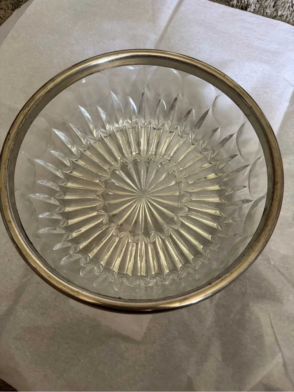 Vintage Cut Glass Serving Bowl with Silver Plated Trim Rim